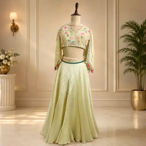 [95725002DB41F3] Pastel Yellow Embroidered Lehenga Set with Floral Crop Top n Dupatta