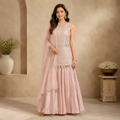 [95725002UB01F3] Women’s Blush Pink Embroidered Indo-Western Three-Piece Set with Sleeveless Top, Flared Bottom and Dupatta