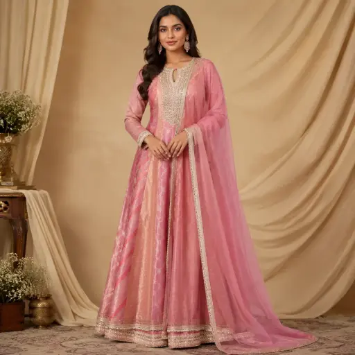 [95725002DB26F3] Women’s Pink Embellished Anarkali Gown with Dupatta, Heavy Neck Work, 3/4 Sleeves