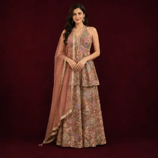 [95725003DB54F3] Dusty Rose Floral Embroidered Halter Peplum Top n Palazzo Set with Sheer Dupatta