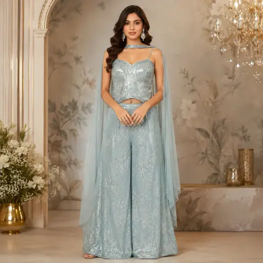 [95725003DB47F3] Ice Blue Sequin Crop Top Palazzo Set with Sheer Dupatta Cape,Designer Party Wear for Women
