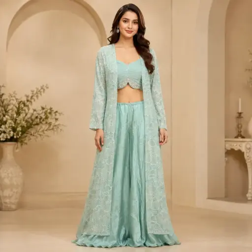 [95725003DB33F3] Pastel Mint Green Embroidered Crop Top Palazzo Set for Women with Designer Shrug n Blouse