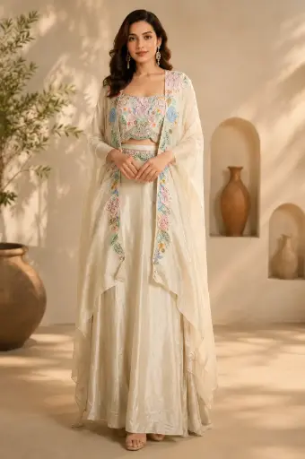 [95725003NV28F3] Ivory Embroidered Ethnic Co-Ord Set for Women with Floral Mirror Work Cape, Crop Top n Wide-Leg Palazzo Pants