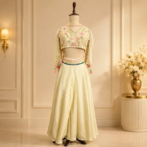 [95725003DB41F3] Pastel Yellow Floral Embroidered Lehenga Set with Crop Top n Dupatta