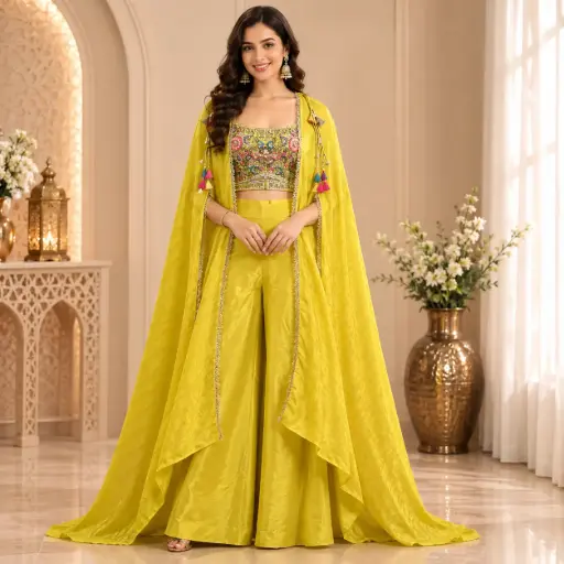 [95725003DB37F3] Women’s Yellow Embroidered Crop Top Palazzo Set with Long Cape Dupatta, Designer Festive Ethnic Wear for Wedding n Party Occasions