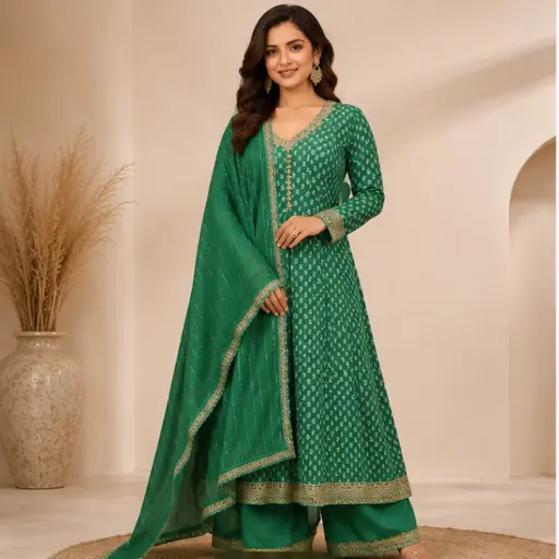 [95725003DB45F3] Women’s Green Printed Anarkali Suit Set with Palazzo Pants n Striped Dupatta, Embroidered Ethnic Wear for Festive n Wedding Occasions