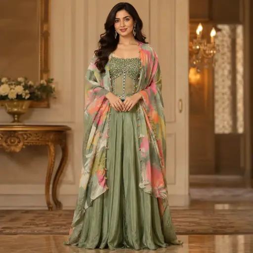 [95725003EO97F3] Sage Green Indo-Western Palazzo Set with Embellished Crop Top n Printed Cape