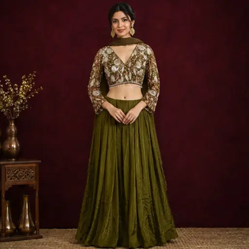 [95725003JC38F3] Women’s Olive Green Embroidered Crop Top with Flared Palazzo n Dupatta, Designer Ethnic Set for Wedding
