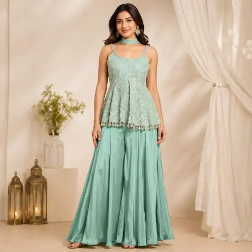 [95725003DB42F3] Women’s Sea Green Embroidered Indo-Western Sleeveless Peplum Top with Flared Palazzo 