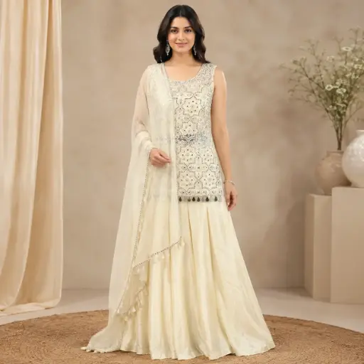 [95725003UB01F3] Women’s Ivory Embroidered Indo-Western Sleeveless Top with Flared Palazzo and Dupatta Set