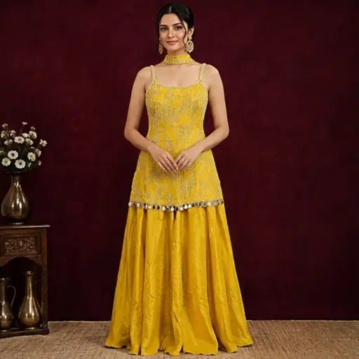 [95725003JZ11F3] Women’s Yellow Embellished Crop Top with Flared Palazzo, Designer Ethnic Set for Wedding, Festive, Sangeet n Party Wear