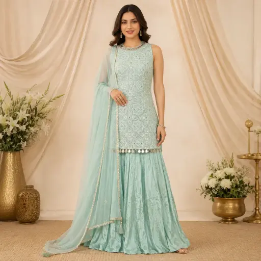 [95725003JV45F3] Women’s Aqua Blue Embroidered Indo-Western Sleeveless Top with Flared Palazzo and Dupatta Set