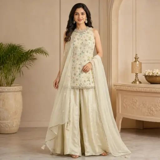 [95725003HV62F3] Ivory Floral Embroidered Indo-Western Palazzo Set with Dupatta
