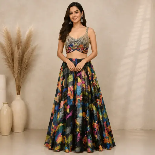 [95725003DB39F3] Multicolor Designer Crop Top n Flared Lehenga Skirt Set with Embellished Blouse, Vibrant Indo-Western Party Wear for Women