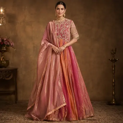 [87429050JH75F2] Women's Dusty Rose Embroidered Lehenga Choli with Cape Dupatta