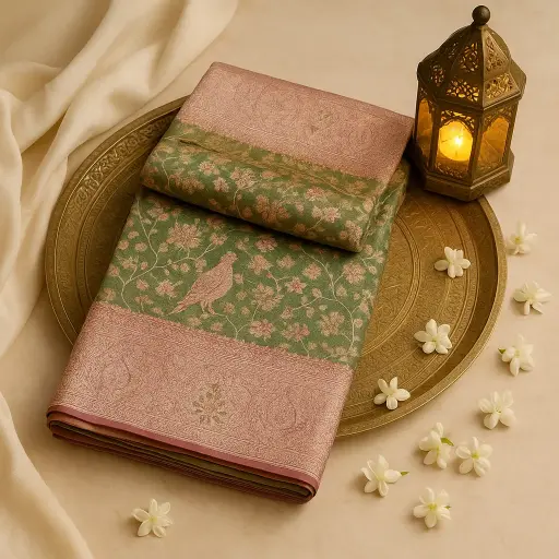 [84209008DA62F3] Olive Green Silk Saree with Elegant Floral and Bird Motif