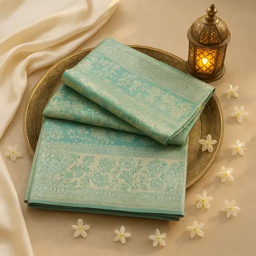 [84209008DA68F3] Exquisite Teal Green Kanjivaram Silk Saree with Grand Zari Border