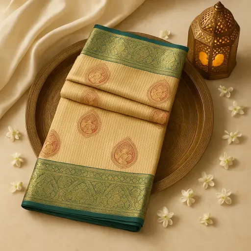 [92209001DA73F3] Elegant Cream and Green Zari Woven Designer Silk Saree
