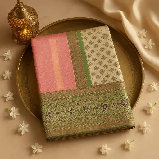 [92209001DA99F2] Exquisite Pastel Pink Banarasi Silk Saree With Intricate Zari Border