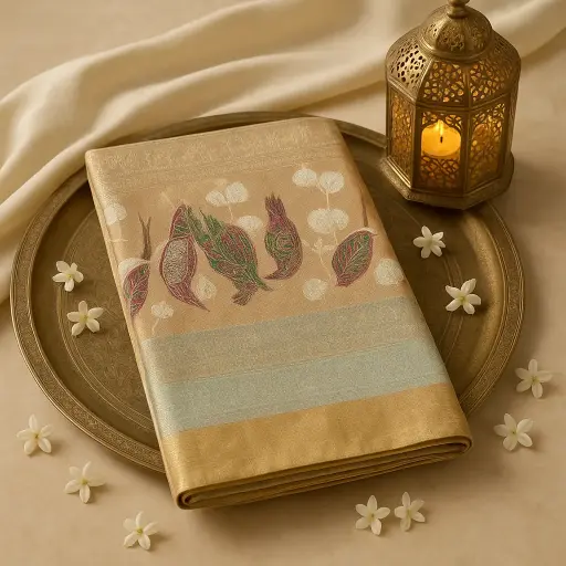 [92209001DB04F3] Exquisite Beige Handwoven Silk Saree with Traditional Bird Motifs 