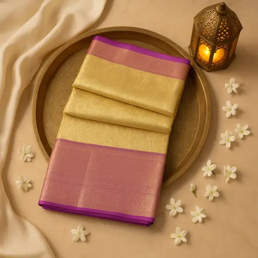 [92209001DA97F2] Elegant Gold and Purple Kanjeevaram Silk Saree with Zari Border 