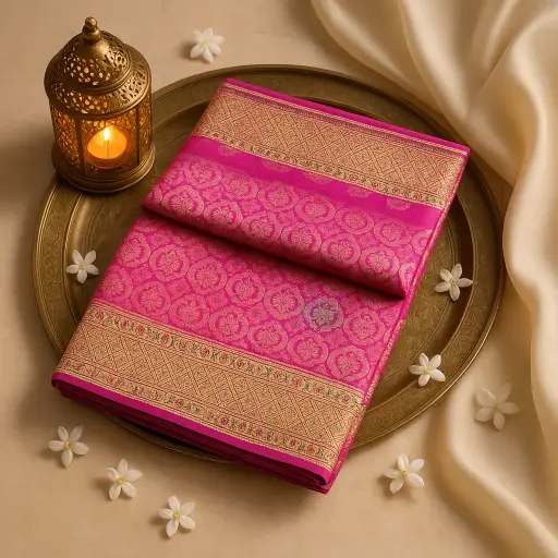 [92209001DA87F2] Fuchsia Pink Banarasi Silk Saree with Gold Zari