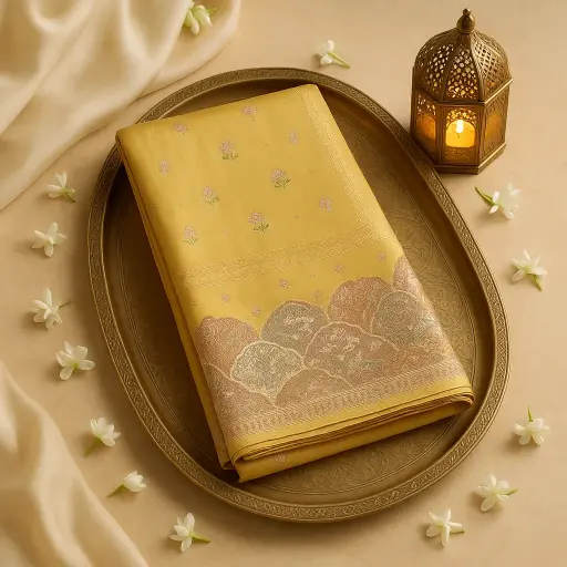 [92209001DA76F3] Exquisite Golden Silk Saree with Intricate Wildlife Floral Border