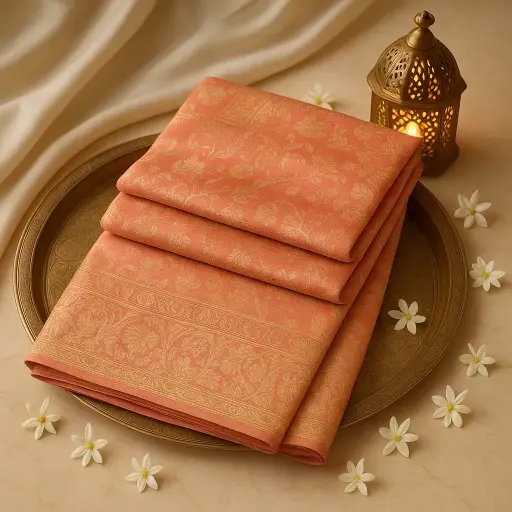 [92209001DA88F2] Exquisite Peach Banarasi Silk Saree with Intricate Zari Border