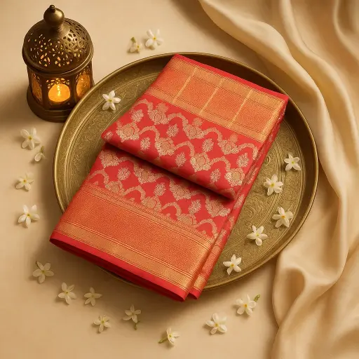 [92209001DB00F2] Exquisite Red Banarasi Silk Saree with Intricate Zari Weave