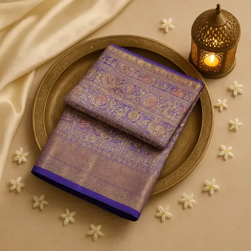 [92209001DA81F3] Royal Purple Silk Saree with Traditional Peacock Zari Motifs 