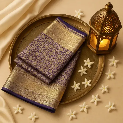 [92209001DB02F2] Royal Purple Silk Saree with Traditional Gold Zari Border