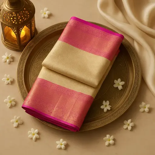 [92209001DB01F2] Elegant Off-White and Pink Traditional Kanjeevaram Silk Saree 
