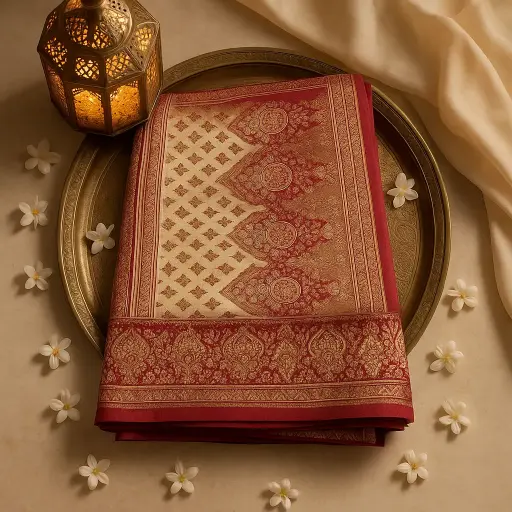 [92209001DA95F2] Exquisite Crimson and Gold Traditional Banarasi Silk Designer Saree