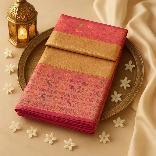 [92209001DA83F2] Elegant Pink and Gold Zari Woven Silk Designer Saree