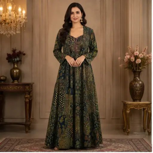 [93425075EI88F3] Women’s Green Printed Long Gown with Matching Jacket, Elegant Ethnic Party Wear for Wedding