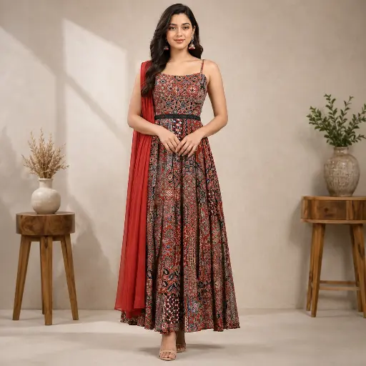 [93425005DB61F3] Women’s Red Printed Gown with Matching Dupatta, Stylish Strappy Neckline, Flared Floor-Length Silhouette for Wedding