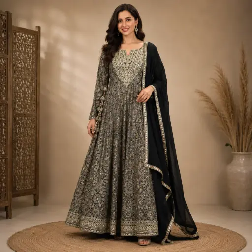 [93425005DB74F3] Women’s Black Printed Long Gown with Dupatta and Gold Detailing, Elegant Ethnic Party Wear for Wedding