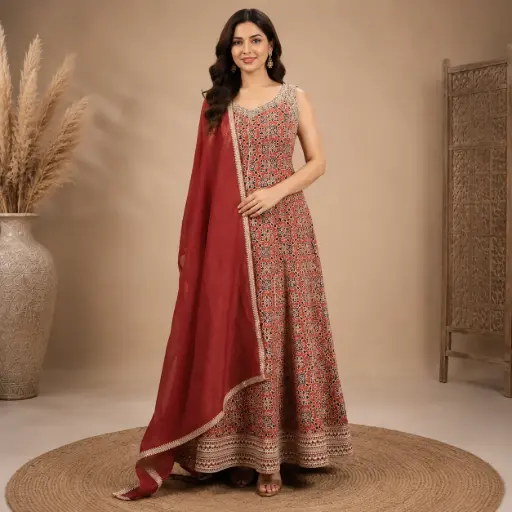 [93425005DB84F3] Women’s Red Printed Ethnic Anarkali Gown with Matching Dupatta, Elegant Embellished Neckline for Wedding