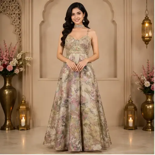 [93425005EH60F3] Women’s Pastel Floral Embroidered Gown with Dupatta, Designer Ethnic Party Wear Dress