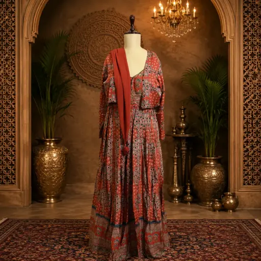 [93425005DB64F3] Women’s Rust Orange Printed Long Gown with Jacket & Dupatta Set, Elegant Floral Ethnic Party Wear Outfit for Wedding