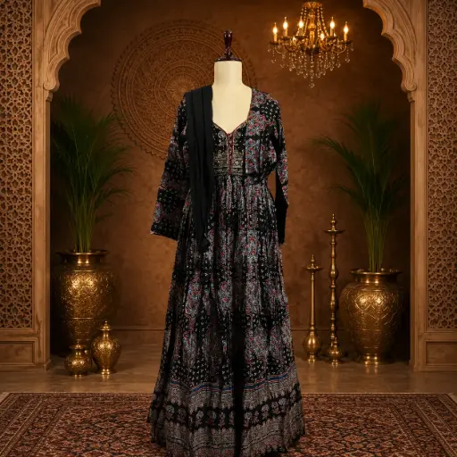 [93425005DB63F3] Women’s Black Printed Long Gown with Matching Jacket n Dupatta, Elegant Flared Ethnic Outfit for Wedding
