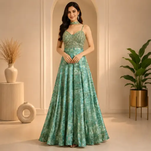 [93425003DB69F3] Women’s Mint Green Printed Gown with Embellished Neckline and Matching Dupatta
