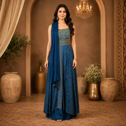 [93425003ED40F3] Women’s Navy Blue Printed Gown with Matching Dupatta, Embellished Waist Detailing and Flowing Floor-Length Silhouette 