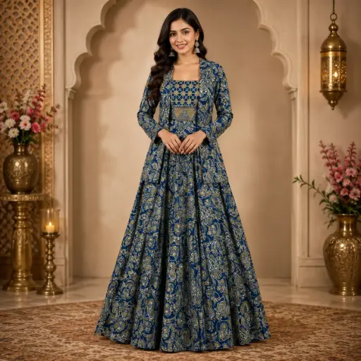 [93425003DB83F3] Women’s Blue Printed Blouse Jacket with Flared Skirt Set, Designer Ethnic Co-Ord Outfit for Wedding