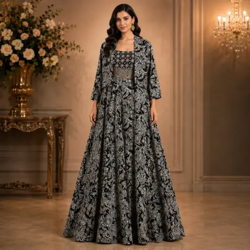 [93425003DB71F3] Women’s Black Printed Gown with Matching Jacket, Designer Ethnic Party Wear Dress with Flared Silhouette for Wedding