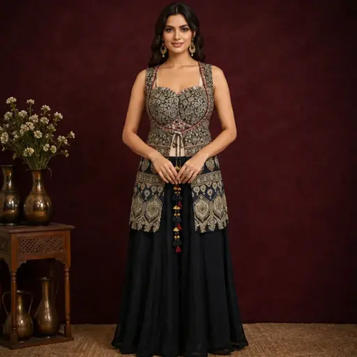 [93425003DB78F3] Women’s Black Printed Embroidered Crop Top with Flared Palazzo, Designer Ethnic Set