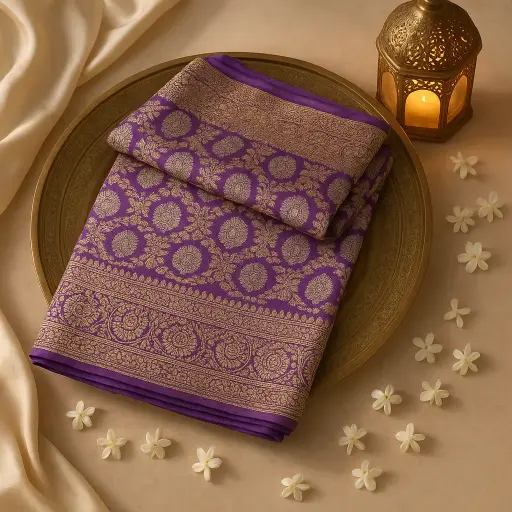 [74909001DB94F3] Royal Purple Silk Saree with Traditional Gold Zari Weave