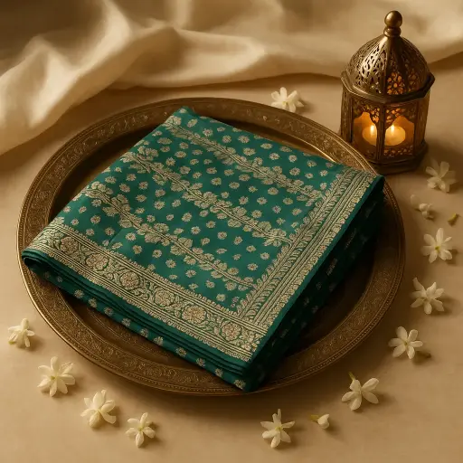 [74909001DB93F3] Royal Emerald Green Banarasi Silk Saree with Figural Zari Pallu