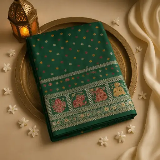 [74909001DB92F3] Exquisite Emerald Green Silk Banarasi Saree With Intricate Weaving