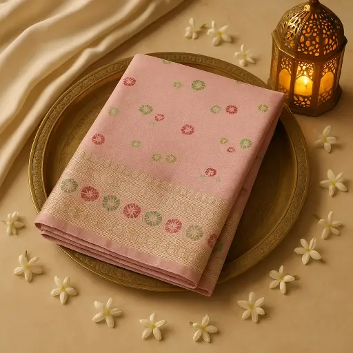 [74909001DB96F3] Exquisite Pink Banarasi Silk Saree with Traditional Floral Butta